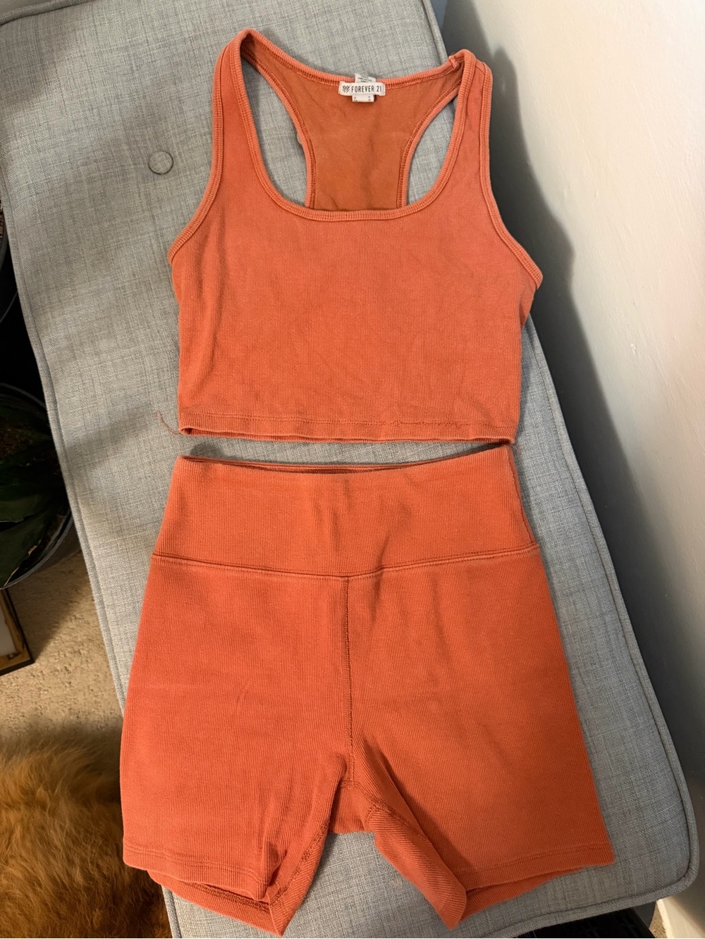 Forever 21 Rust Orange Ribbed Racerback Tank & High-Waist Shorts Set